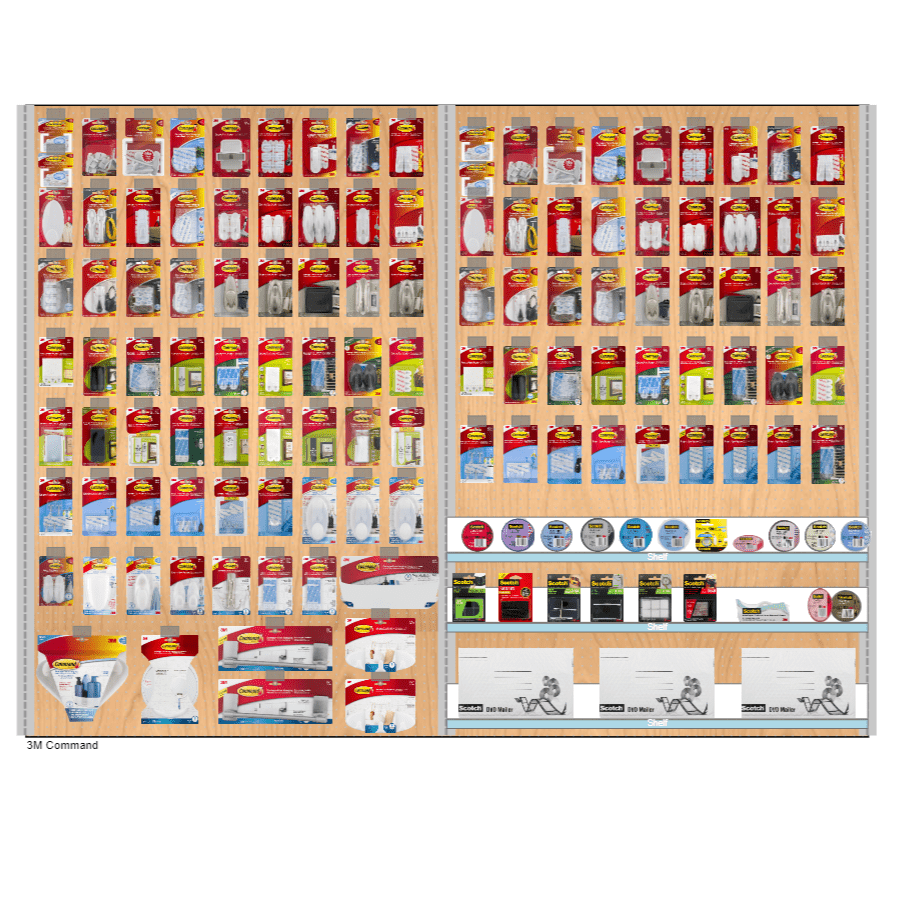 Planogram office supplies, shelves, slatwall, pegboard